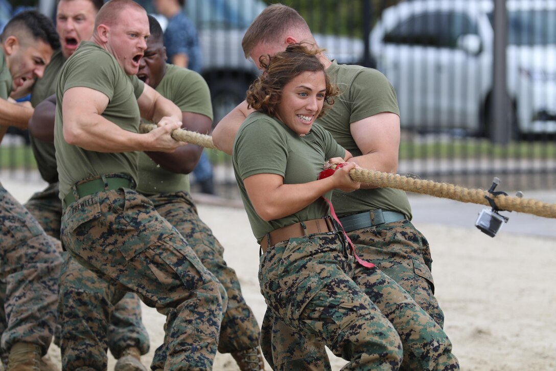 A team of Marines assigned to Marine Aerial Refueler Transport Squadron 252 strains against the rope during the 2017 Combined Federal Campaign Tug-of-War Tournament at Marine Corps Air Station Cherry Point, N.C., Oct. 13, 2017. The mission of the CFC is to promote and support philanthropy through a program that is employee focused, cost-efficient, and effective in providing all federal employees the opportunity to improve the quality of life for others. VMGR-252 is assigned to Marine Aircraft Group 14, 2nd Marine Aircraft Wing. (U.S. Marine Corps photo by Cpl. Cody Lemons/Released)