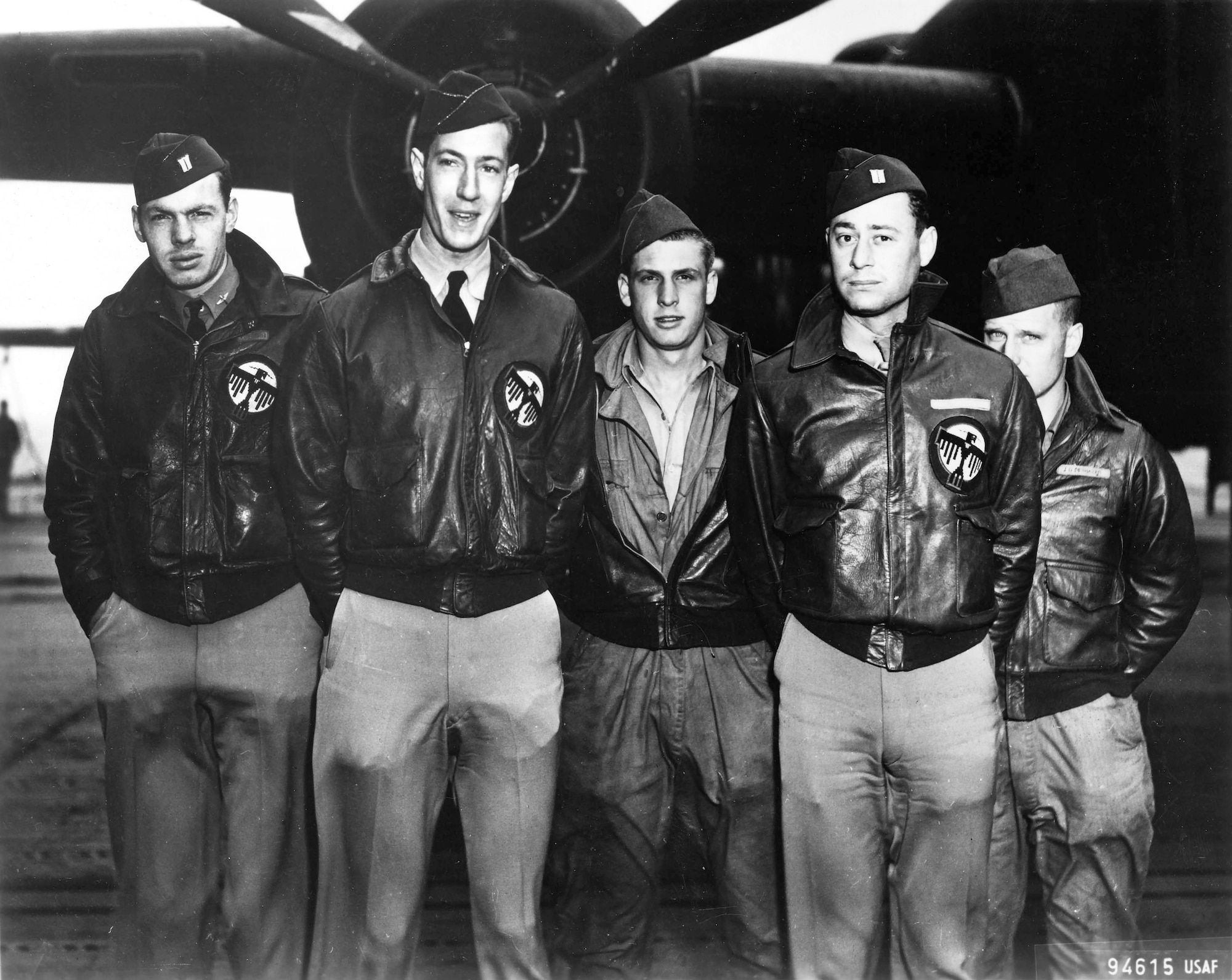 Bill Farrow, second from left, with his crew aboard the USS Hornet. The patches on their A-2 jackets are from the 34th Bomb Squadron, a component of the 17th Bomb Group. (Courtesy photo)