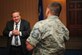 Ralph Stoffler, Headquarters Air Force director of weather, answers questions during a lunch at Davis-Monthan Air Force Base, Ariz., Oct. 12, 2017. Stoffler met with Airmen and witnessed how D-M weather teams conduct operations. (U.S. Air Force photo by Airman 1st Class Michael X. Beyer)