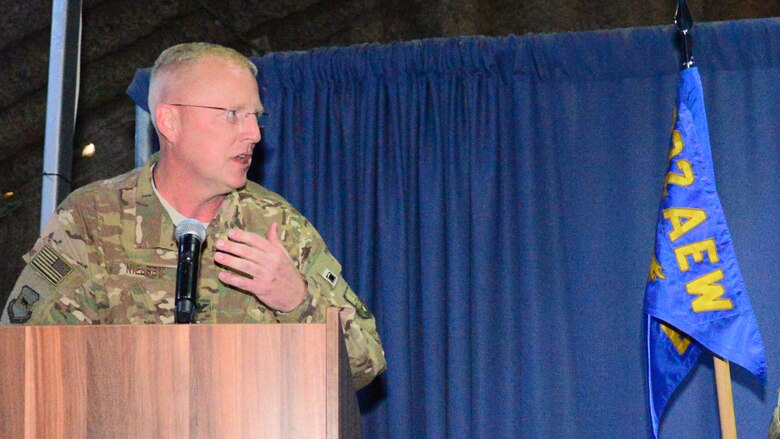 Col. Bradley D. Nielsen, 332nd Expeditionary Medical Group commander addresses Airmen for the first time after assuming command, October 16, 2017, in Southwest Asia. Prior to inheriting the 332nd EMDG,  Nielsen was the deputy commander of the 48th Medical Group, RAF Lakenheath, England. (U.S. Air Force photo/Staff Sergeant Samuel O’Brien)