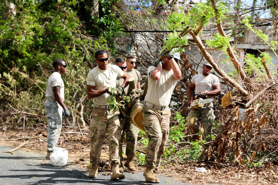 Guardsmen carry off a large tree branch clearing debris from the road.