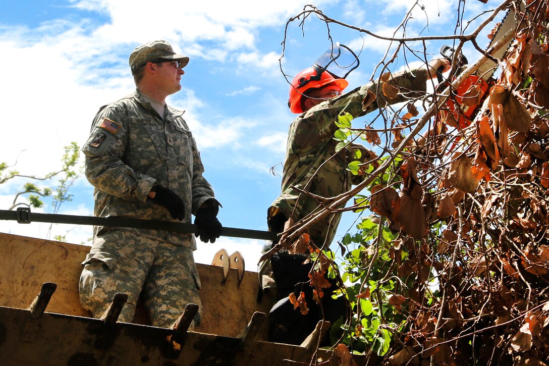 Two guardsmen stand in a backhoe bucket cutting tree branches.
