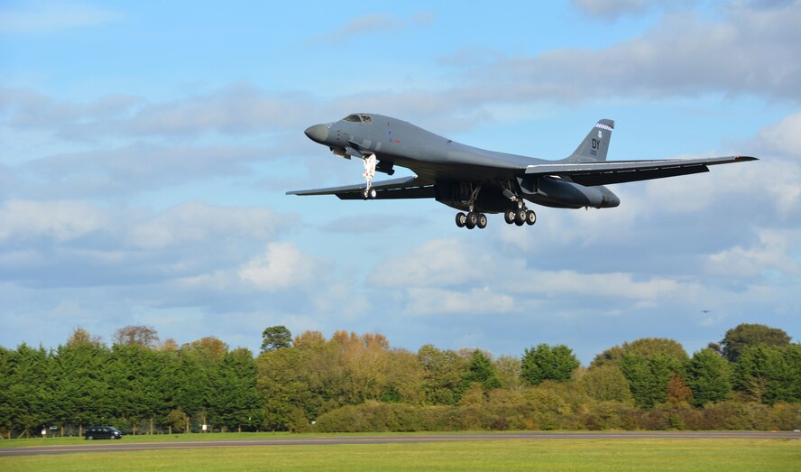 A U.S. Air Force B-1B Lancer assigned to the 28th Bomb Squadron at Dyess Air Force Base, Texas, prepares for landing at RAF Fairford, U.K., Oct. 12, 2017. Bomber missions demonstrate the credibility and flexibility of our forces to address a broad range of global challenges. (Courtesy photo)