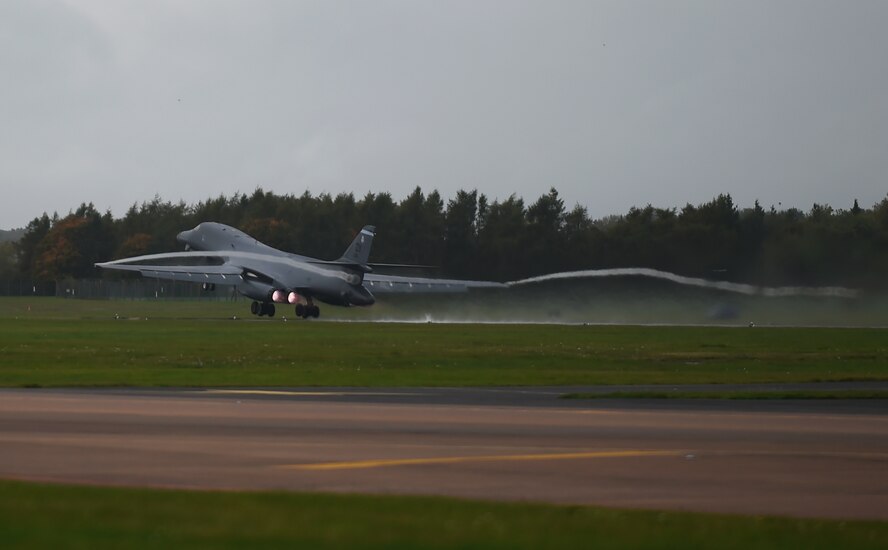 A U.S. Air Force B-1B Lancer assigned to the 28th Bomb Squadron at Dyess Air Force Base, Texas, departs Royal Air Force Fairford, U.K. The 7th Bomb Wing’s presence in Europe allows Dyess Airmen to work with U.S. allies to develop and improve ready air forces capable of maintaining regional stability. (U.S. Air Force photo by Airman 1st Class Emily Copeland)