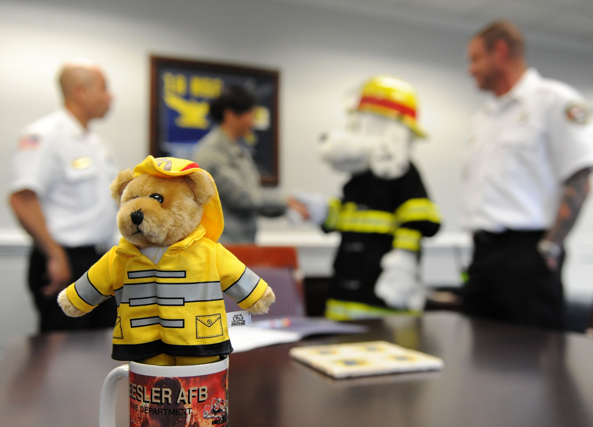 A Keesler Fire Department toy sits on display at the 81st Training Wing headquarters building during Fire Prevention Week kick off Oct. 10, 2017, on Keesler Air Force Base, Mississippi. The week-long event includes fire drills, literature handouts, stove fire demonstrations around the base and concludes with an open house at the fire department Oct. 14. (U.S. Air Force photo by Kemberly Groue)