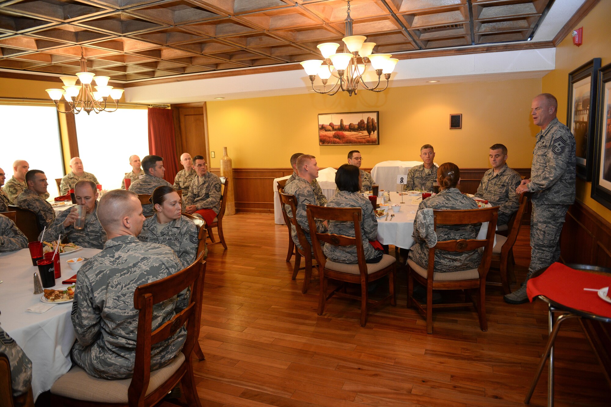 Command Chief Master Sgt. Frank Batten III, Air Combat Command's command chief, speaks with senior enlisted leaders at the Patriot Club at Offutt Air Force Base, Oct. 4, 2017. Batten came to Offutt to see and experience all the base had to offer, and to meet the Airmen that drive the mission.