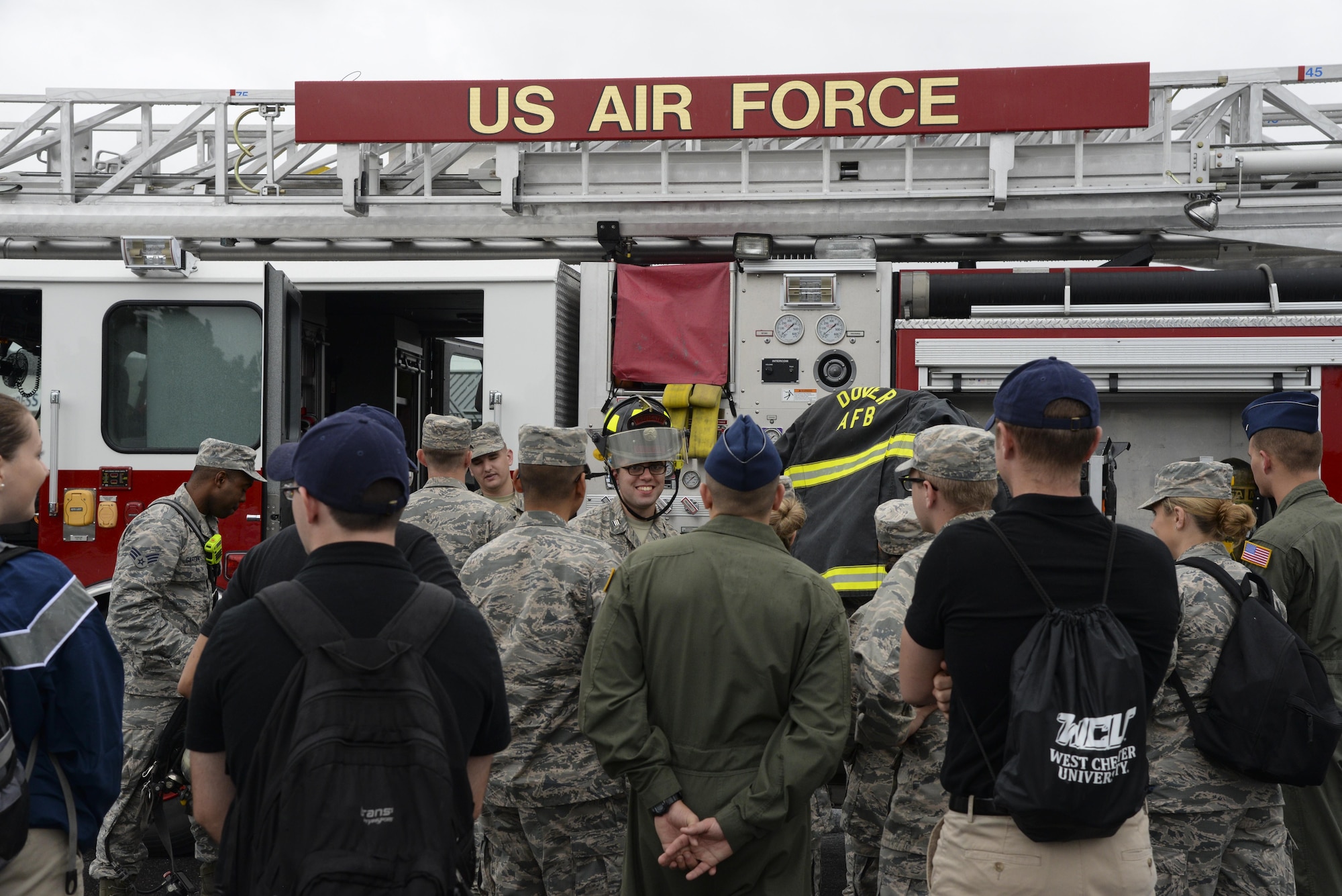 ROTC and Junior ROTC cadets interact with members of the 436th Civil Engineer Squadron fire department Oct. 11, 2017, during a Pathways to Blue tour at Dover Air Force Base, Del. Team Dover’s firefighters showed some specialty equipment and explained what their military service was like. (U.S. Air Force photo by Staff Sgt. Aaron J. Jenne)