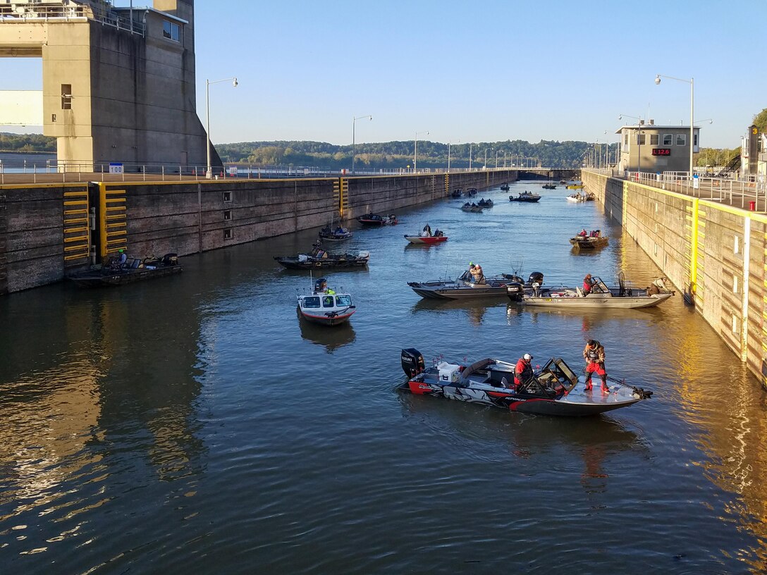 Competitors in the "Monsters on the Ohio" catfishing tournament move through Cannelton Locks and Dam on the Ohio River at Cannelton, Ind., Oct. 14, 2017.