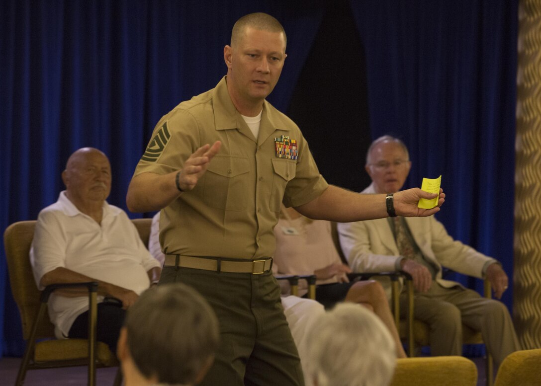 1st Sgt. John Miller, Headquarters Company first sergeant, I Marine Expeditionary Force Information Group, speaks to residents at The Covington, a retirement community in Viejo, Calif., October 4, 2017. He spoke about the legacy veterans have left that paved the way for the modern-day military. This community outreach event also showed military veterans our support and appreciation for the sacrifices they have made.