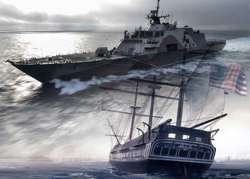 A photo illustration of the USS Freedom and the USS Constitution.