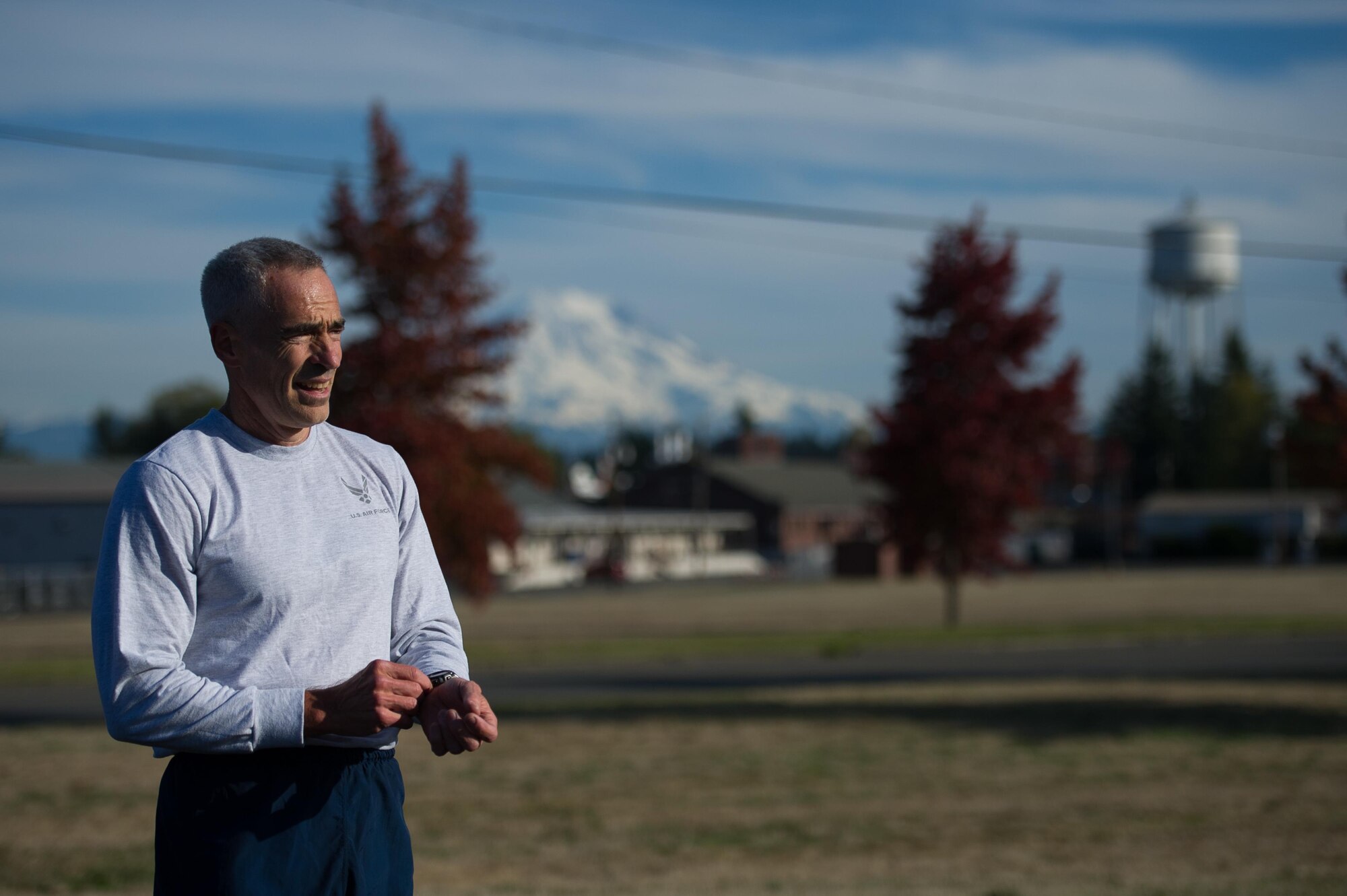 Master Sgt. Edward Callahan, 446th Mission Support Group Career Assistance advisor, prepares to instruct Development and Training Flight new enlistees on fitness at the McChord Field track Oct. 15. (U.S. Air Force photo by 1st Lt. Alyssa Hudyma)