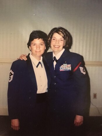 Yvette Morhee, right, 14th Airlift Squadron unit program coordinator, poses for a photo with Senior Master Sgt. Rita Bogart at Joint Base Charleston, S.C., Oct. 6, 2006.