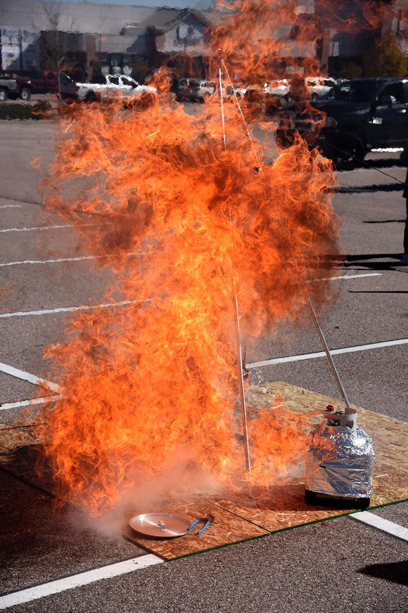 A turkey explodes after it was placed in a deep fat fryer at the Base Exchange on Peterson Air Force Base, Colorado, Oct. 13, 2017. The demonstration showed that a turkey will explode if not properly prepared before frying. (U.S. Air Force photo by Robb Lingley)