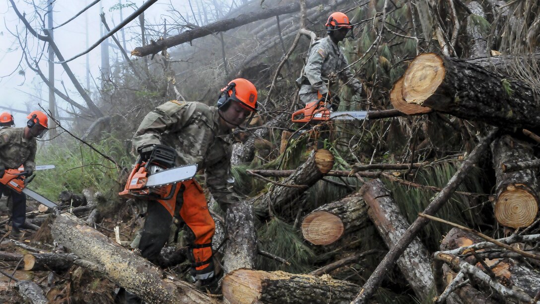 Soldiers use chainsaws to cut up fallen trees to remove them from a road.