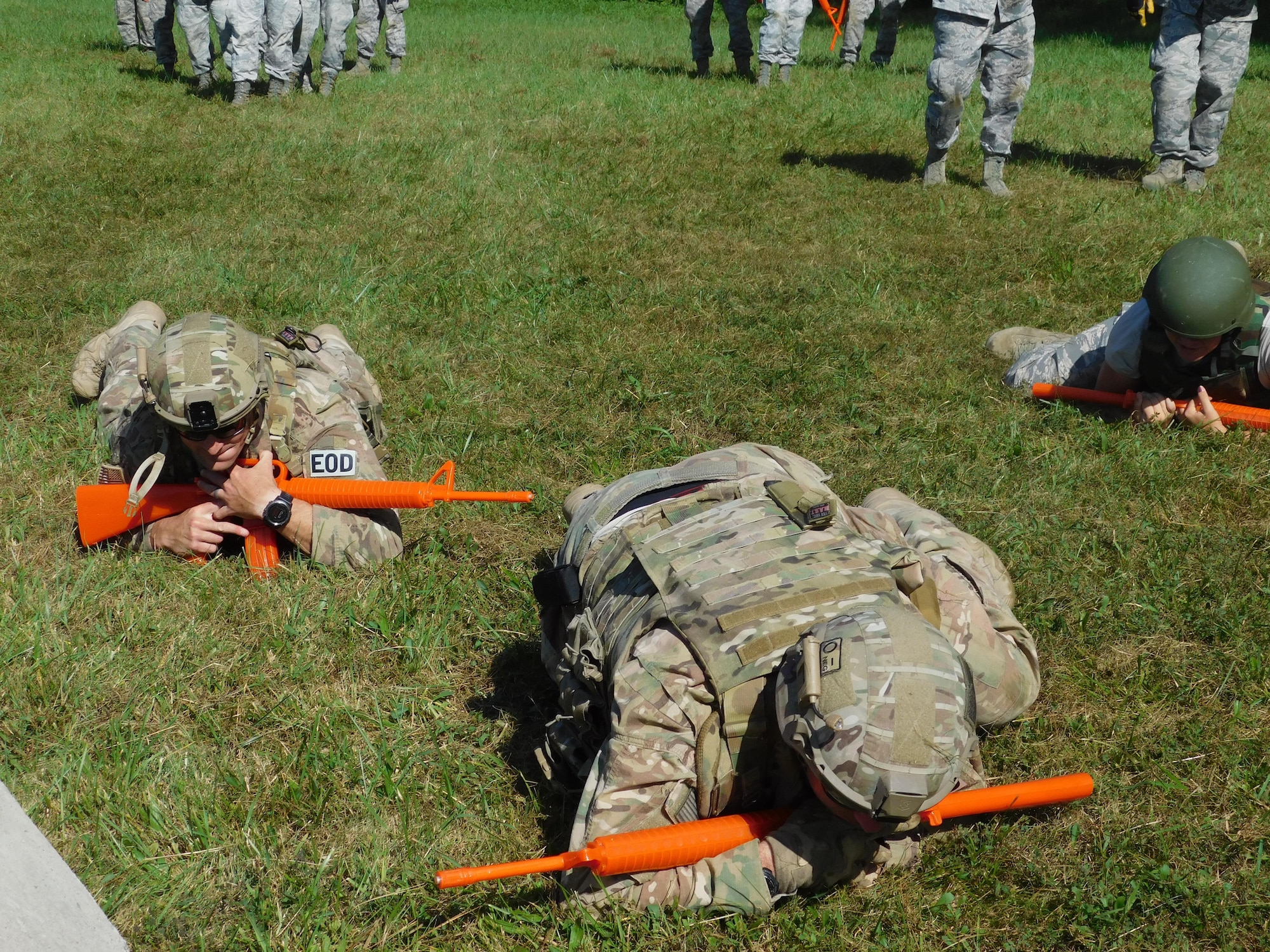 Members of the 436th Civil Engineer Squadron explosive ordnance disposal flight practice individual movement techniques during a field training exercise Sept. 20, 2017, at Fort Indiantown Gap, Pa. More than 80 members of the 436th CES attended the hands-on training event. (Courtesy Photo)