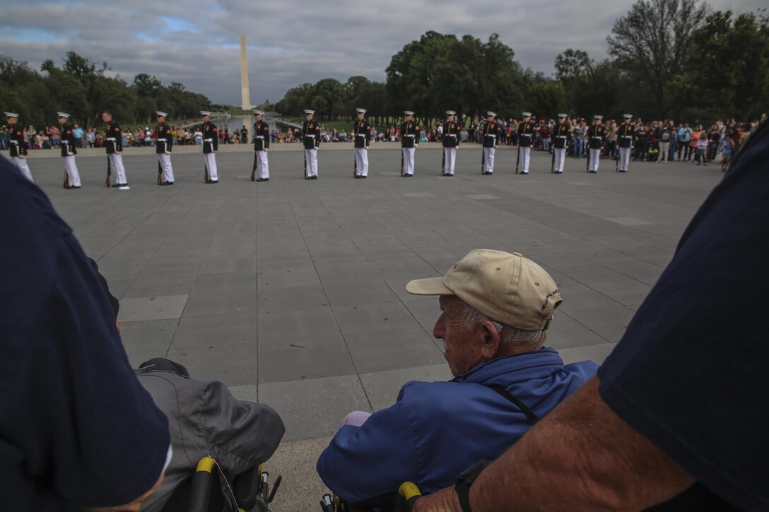 Marines with the U.S. Marine Corps Silent Drill Platoon execute their “long line” sequence during their performance for veterans with Old Glory Flight Northeast Tennessee, at the Lincoln Memorial, Washington D.C., Oct. 14, 2017. Old Glory Honor Flight is dedicated to transporting local WWII and Korean War veterans to visit memorials built to honor those service members who fought for our country. (Official Marine Corps photo by Lance Cpl. Damon Mclean/Released) 020  021