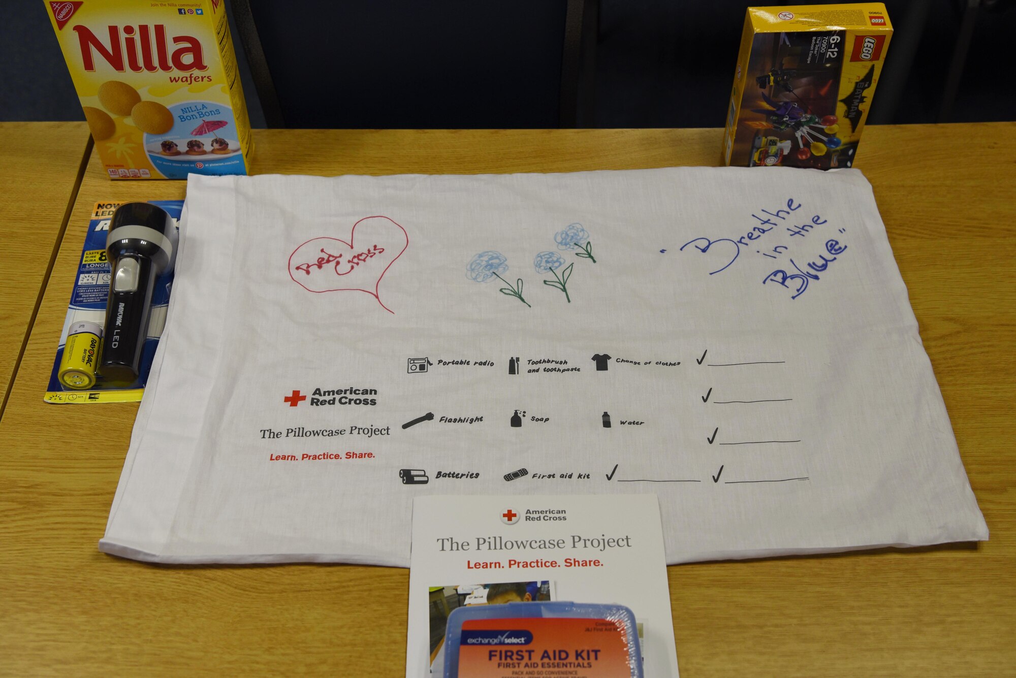 Supplies sit on the table for the Red Cross’s Pillowcase project on Ramstein Air Base, Oct. 13, 2017. The project aims to teach disaster preparedness to third- through fifth-graders.