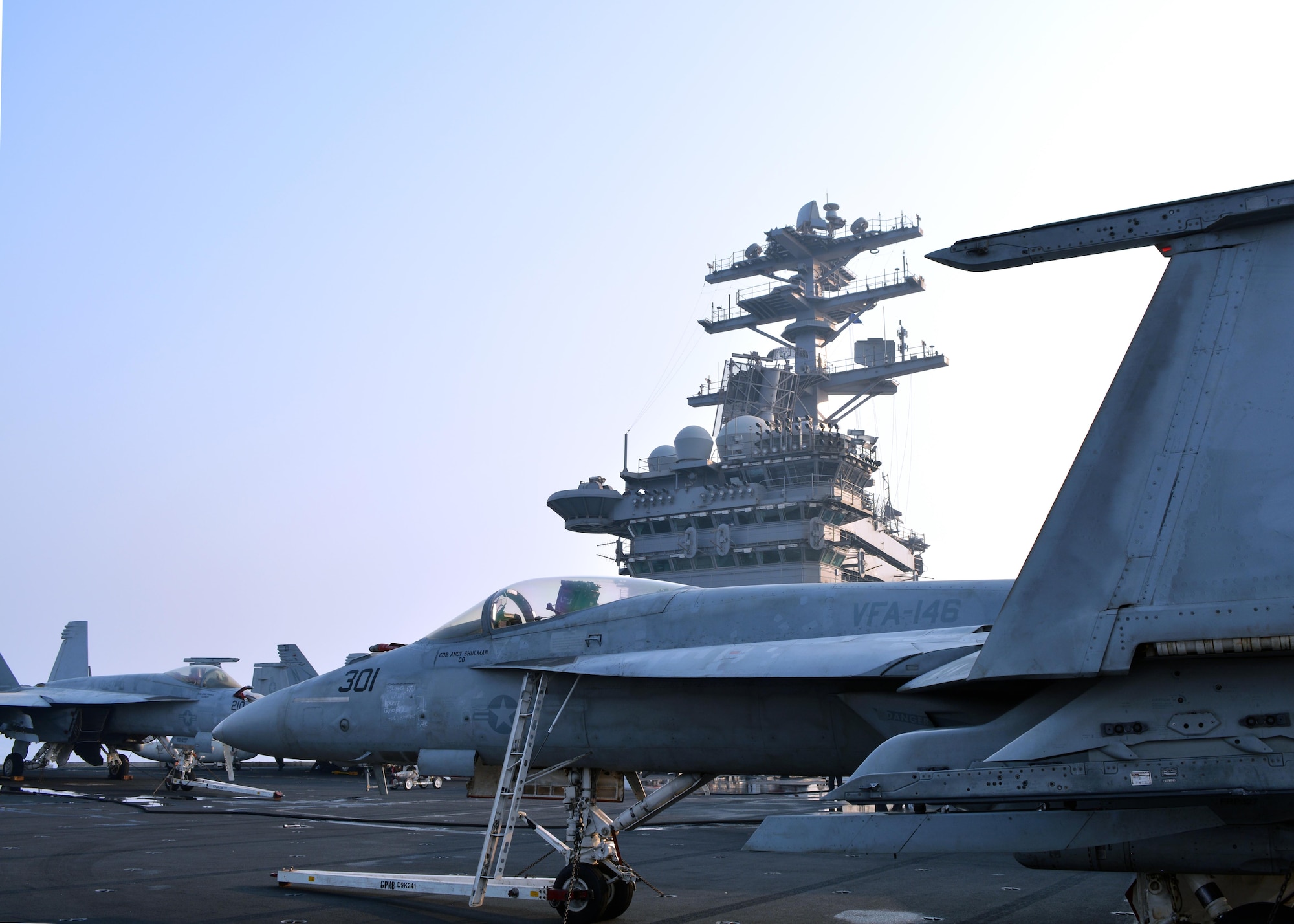 An F/A-18C Super Hornet stands ready on a flight deck, Sept. 15, 2017, aboard the USS Nimitz. The Super Hornet is capable across the full mission spectrum: air superiority, fighter escort, reconnaissance, aerial refueling, close air support, air defense suppression and day/night precision strike. (U.S. Air Force courtesy photo by Lt. Col. Alex)