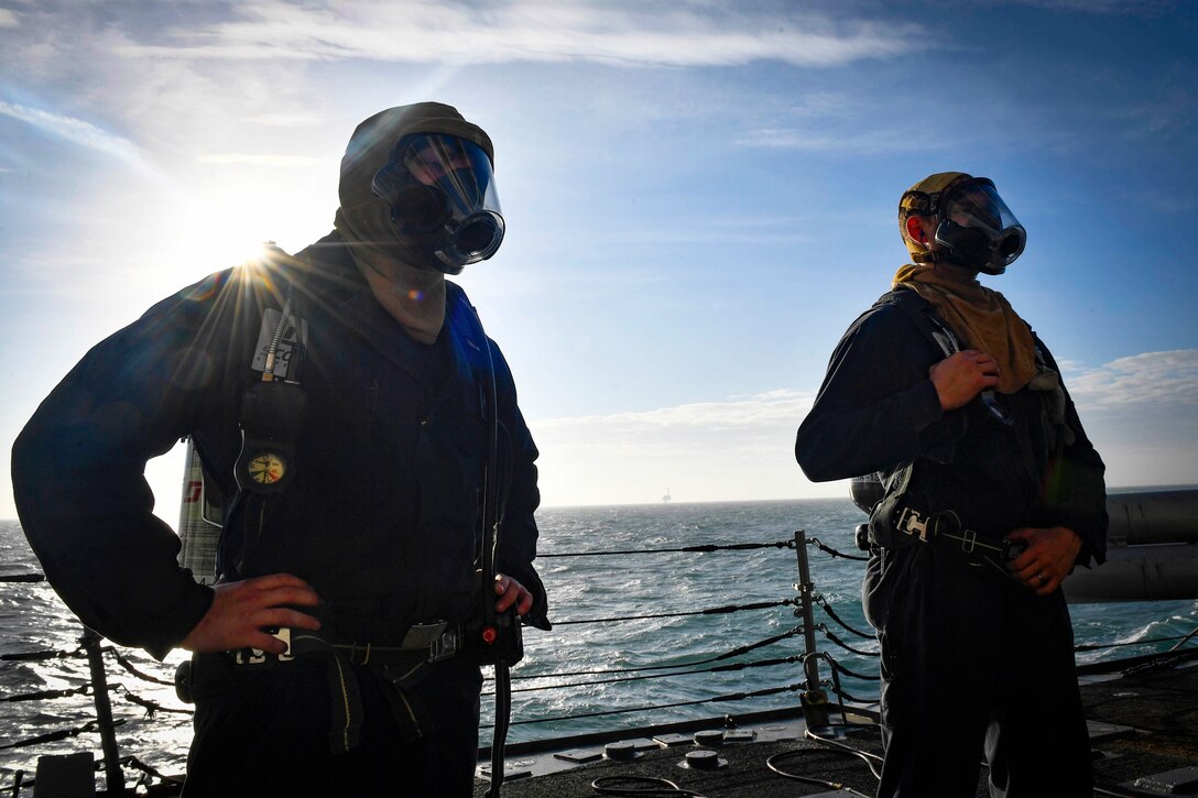 Sailors undergo a toxic gas drill.