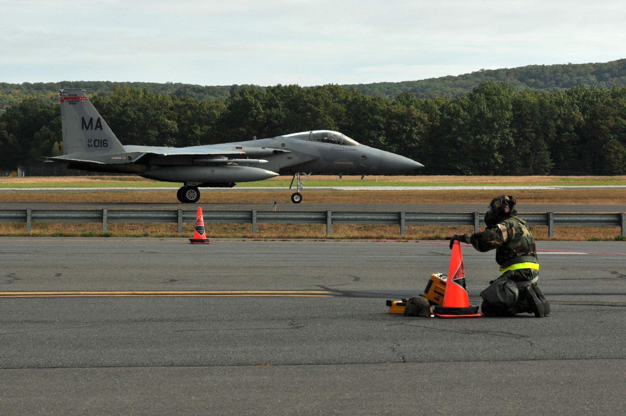 The 104th Fighter Wing executed a Phase I and Phase II operational readiness exercise, Sept. 9, 2017 through Sept. 10, 2017, and Oct. 14, 2017, through Oct. 15, 2017. A Phase I and Phase II exercise evaluates deployment capabilities and the unit's ability to launch F-15 Eagles in a chemical environment. (U.S. Air National Guard photo by Tech. Sgt. Amelia Leonard)