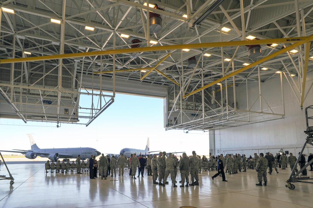 The view from the inside of the largest new hangar for the KC-46A Pegasus at McConnell Air Force Base, near Wichita, Kansas, for the ribbon cutting event October 16, 2017.