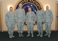 OFFUTT AIR FORCE BASE, Neb. – (From Left) U.S. Air Force Chief Master Sergeant Patrick F. McMahon, senior enlisted leader of U.S. Strategic Command (USSTRATCOM); U.S. Air Force Gen. John Hyten, commander of USSTRATCOM; Chief of Staff of the U.S. Air Force Gen. David L. Goldfein; Chief Master Sergeant of the Air Force Kaleth O. Wright and U.S. Air Force Lt. Gen. Jack Weinstein, deputy chief of staff for strategic deterrence and nuclear integration, Headquarters U. S. Air Force, meet at Offutt Air Force Base, Neb., Oct. 18, 2017.  During his visit, Gen. Goldfein met with USSTRATCOM leadership to discuss nuclear command, control, and communications and strategic deterrence in the 21st century. One of nine Department of Defense unified combatant commands, USSTRATCOM has global responsibilities assigned through the Unified Command Plan that include strategic deterrence, space operations, cyberspace operations, joint electronic warfare, global strike, missile defense and intelligence.