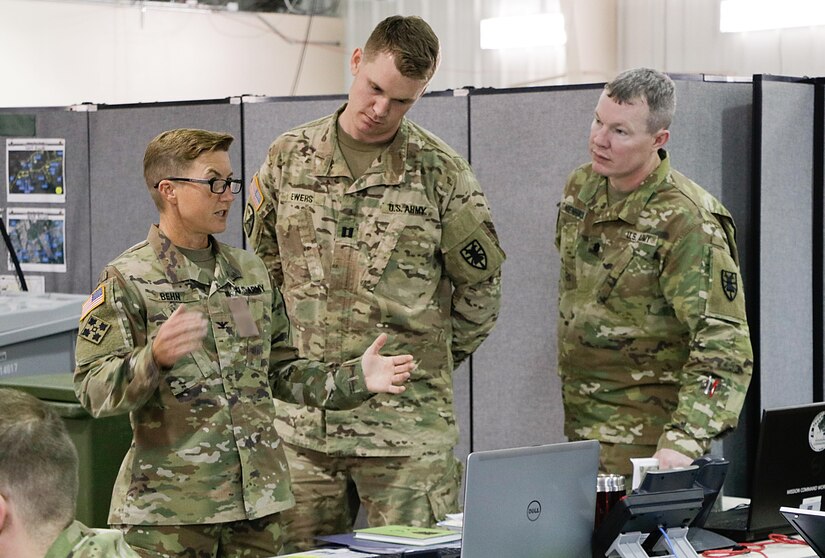 U.S. Army Col. Beth Behn, 7th Transportation Brigade (Expeditionary) commander, speaks with brigade leaders during the Warfighter Exercise at Ft. Indiantown Gap, Pa., Oct. 8, 2017.