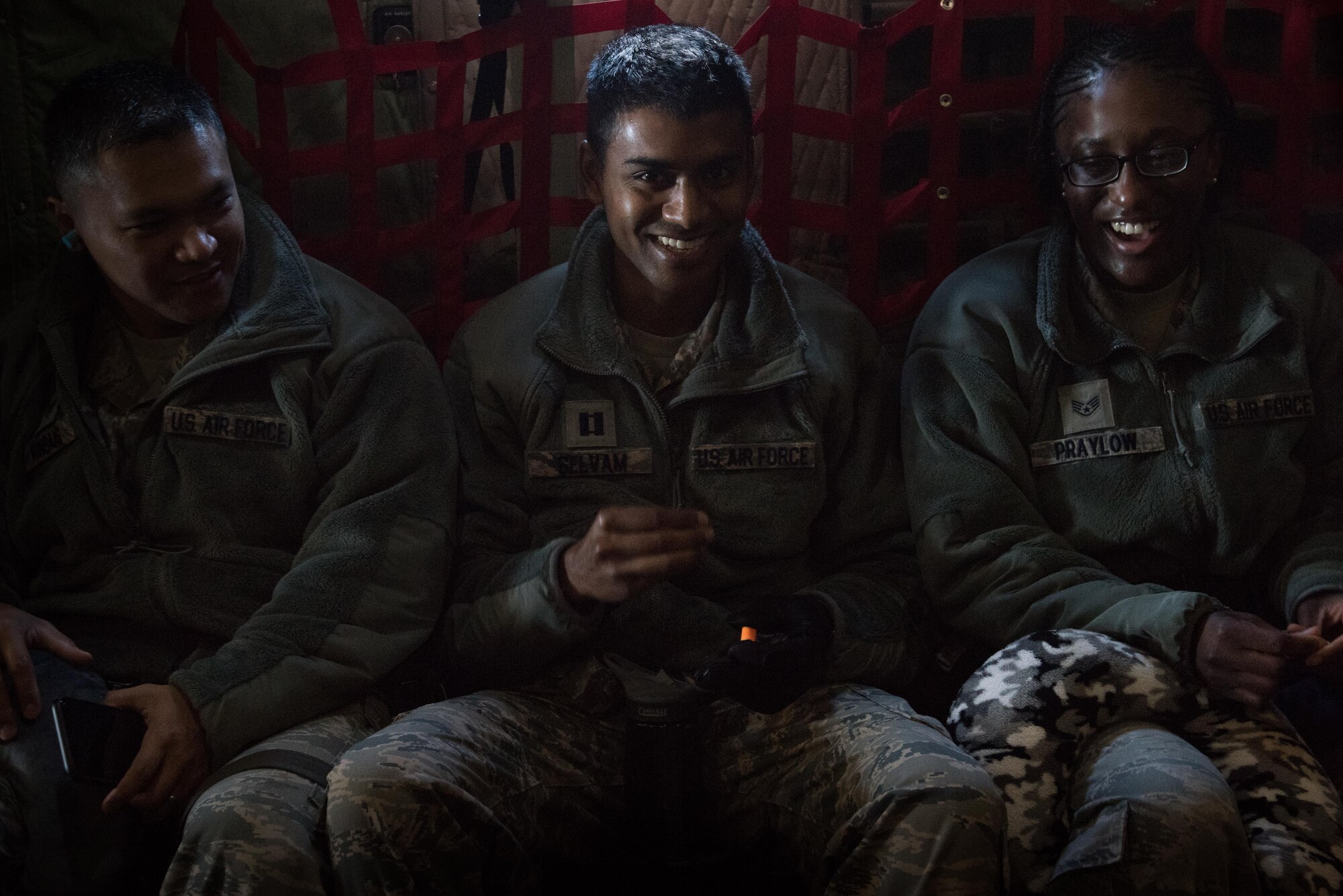 U.S. Air Force Airmen assigned to the 633rd Medical Group share a few laughs before deploying from Joint Base Langley-Eustis, Va., Oct. 18, 2017.