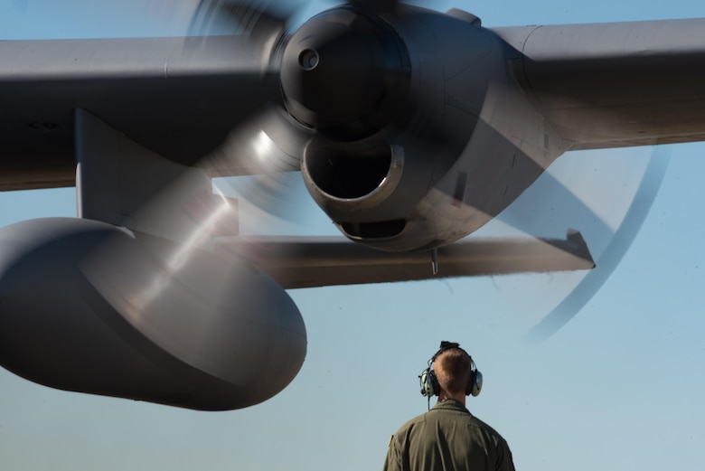 A U.S. Air Force C-130 Hercules crew chief assigned to the 910th Airlift Wing conducts pre-flight checks before departing Joint Base Langley-Eustis, Va., Oct. 18, 2017.
