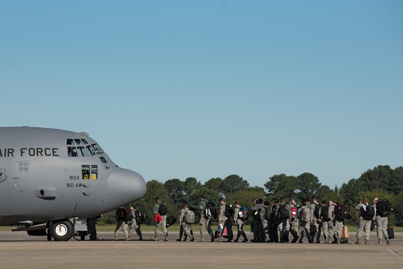 U.S. Air Force Airmen assigned to the 633rd Medical Group deploy from Joint Base Langley-Eustis, Va., Oct. 18, 2017.