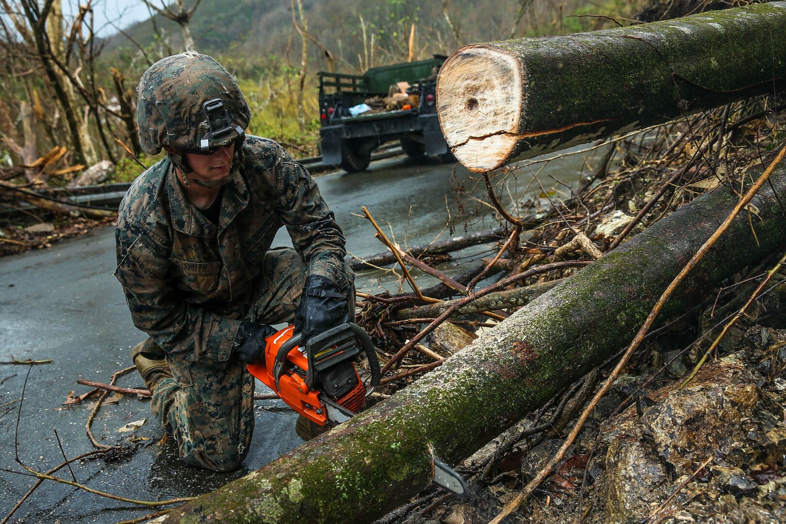 U.S. Marine Corps Sgt. Patrick J. Smith, a combat engineer with Battalion Landing Team 2nd Battalion, 6th Marine Regiment, 26th Marine Expeditionary Unit (MEU), uses a chainsaw to cut through a tree during road clearance operations in Ponce, Puerto Rico, Oct. 9, 2017.