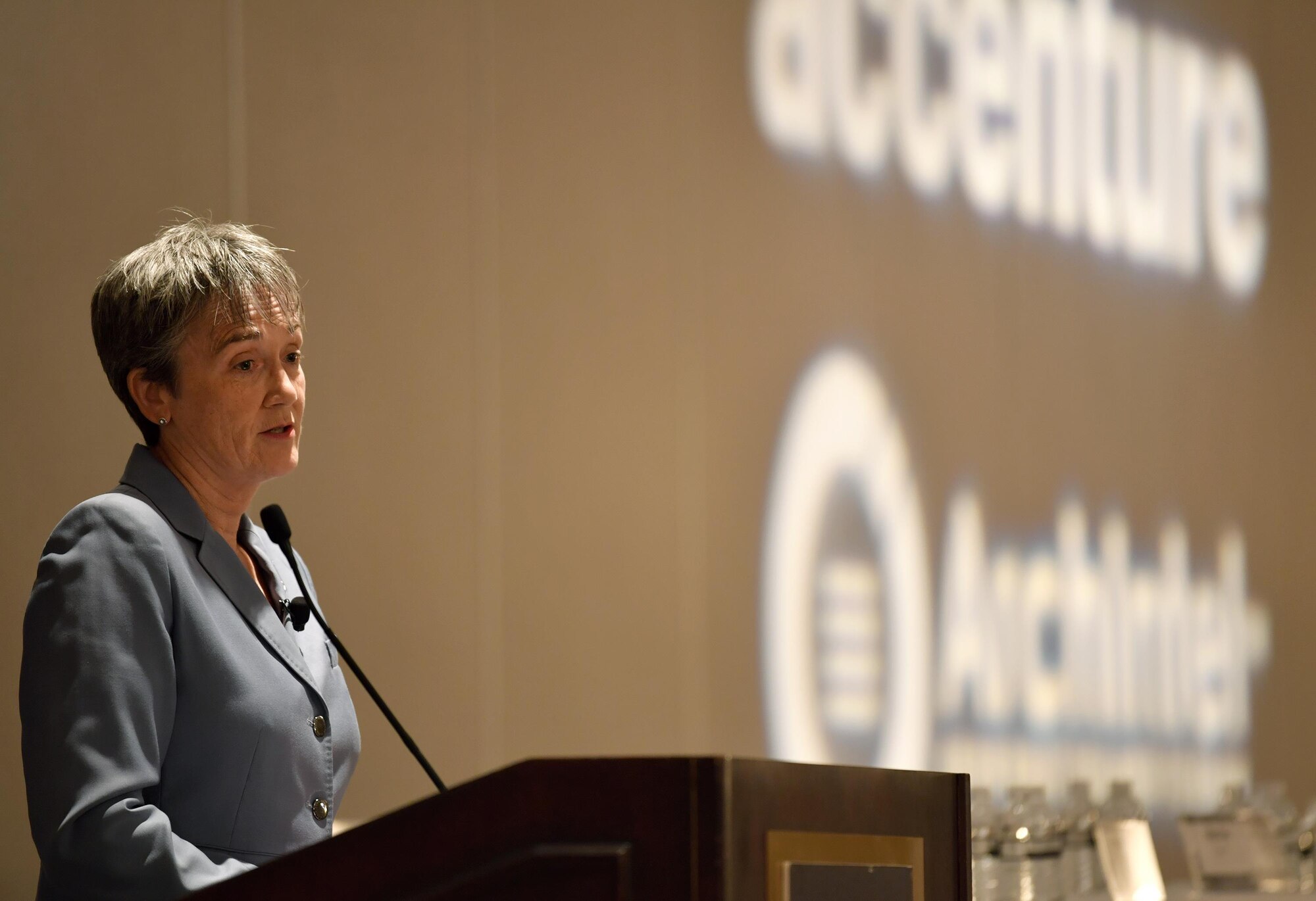 Secretary of the Air Force Heather Wilson speaks at the Space Innovations Programs and Policies Summit, McLean, Va., Oct. 18, 2017. Wilson highlighted space as a contested domain, emerging threats and investments in future space operations. (U.S. Air Force photo by Wayne A. Clark)