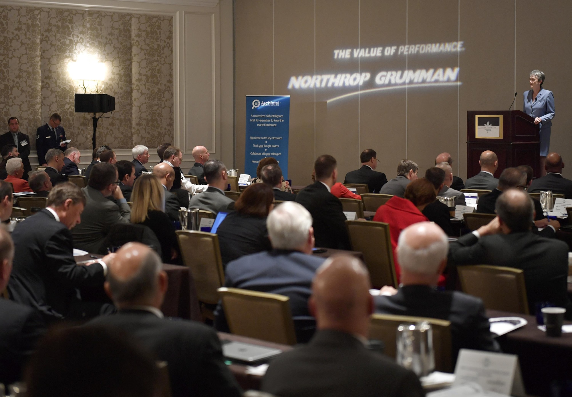 Secretary of the Air Force Heather Wilson speaks at the Space Innovations Programs and Policies Summit, McLean, Va., Oct. 18, 2017. Wilson highlighted space as a contested domain, emerging threats and investments in future space operations. (U.S. Air Force photo by Wayne A. Clark)