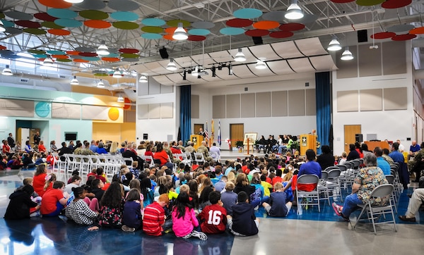 Col. Gary “Eddie” Gillon Jr., Chief of Staff, 1st Sustainment Command, Fort Knox, Kentucky addresses the audience comprised of students, faculty, and stakeholders during the Kingsolver Elementary School Ribbon Cutting Ceremony held Sept. 14, 2017.