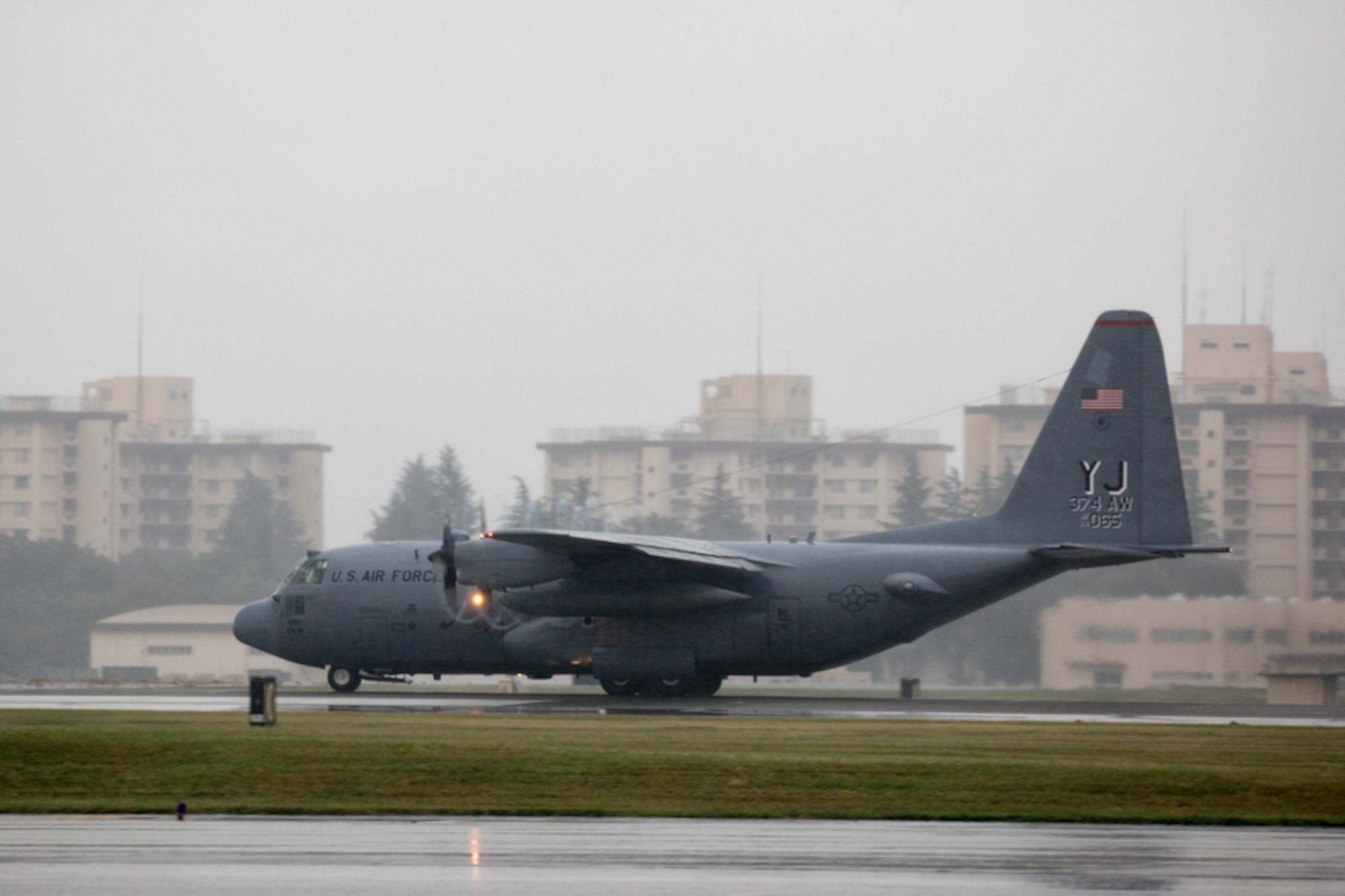 The C-130H Hercules assigned to the 36th Airlift Squadron leaves propeller tip vortices in its wake as it takes off from Yokota Air Base, Japan, Oct. 16, 2017.