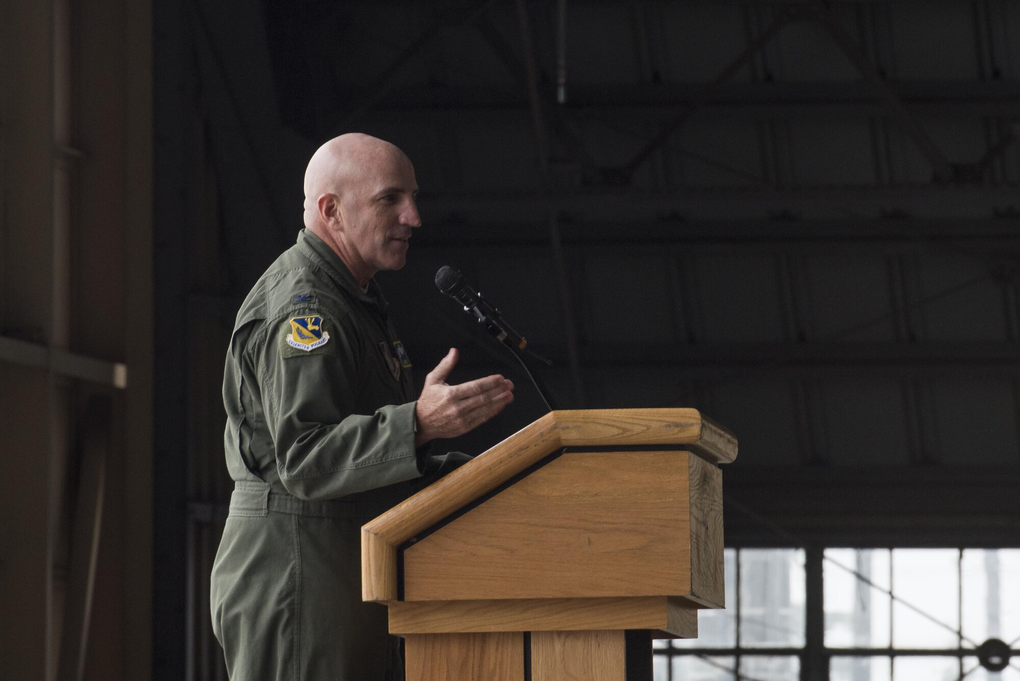 Col. Kenneth Moss, 374th Airlift Wing commander, speaks during the official C-130H Hercules Farewell Ceremony at Yokota Air Base, Japan, Oct. 16, 2017.
