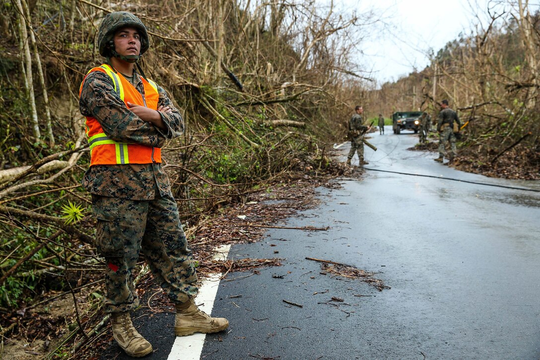 U.S. Marine Corps Lance Cpl. Edwin A. Alvarado Aguirre, a landing support specialist with Detachment 1, Landing Support Company, Combat Logistics Regiment 45, 4th Marine Logistics Group, observes an oncoming vehicle approaching the road clearance operations in Ponce, Puerto Rico, Oct. 9, 2017.