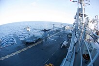 U.S. Marines and Sailors with Marine Medium Tiltrotor Squadron 162 (Reinforced), 26th Marine Expeditionary Unit (MEU), depart the amphibious assault ship USS Kearsarge (LHD 3) via MV-22B Osprey aircraft after supporting hurricane relief efforts in the Caribbean Sea, Oct. 14, 2017.