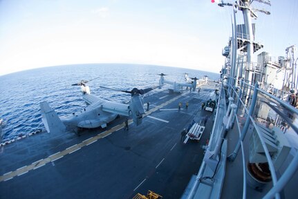 U.S. Marines and Sailors with Marine Medium Tiltrotor Squadron 162 (Reinforced), 26th Marine Expeditionary Unit (MEU), depart the amphibious assault ship USS Kearsarge (LHD 3) via MV-22B Osprey aircraft after supporting hurricane relief efforts in the Caribbean Sea, Oct. 14, 2017.