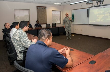 Master Sgt. Aguedo Mendez Echevarria, 837th Training Squadron instructor, provides professional military education training to international and civil service students during an International Airman Leadership School course Oct. 13, 2017 at Joint Base San Antonio-Lackland Inter-American Air Forces Academy. The IALS teaches the same course imparted to military personnel in the grade of senior airman and staff sergeant or E-5 equivalent in the United States Air Force Total Force. This course is the foundational step in the professional development as it prepares individuals to assume greater leadership and responsibilities.