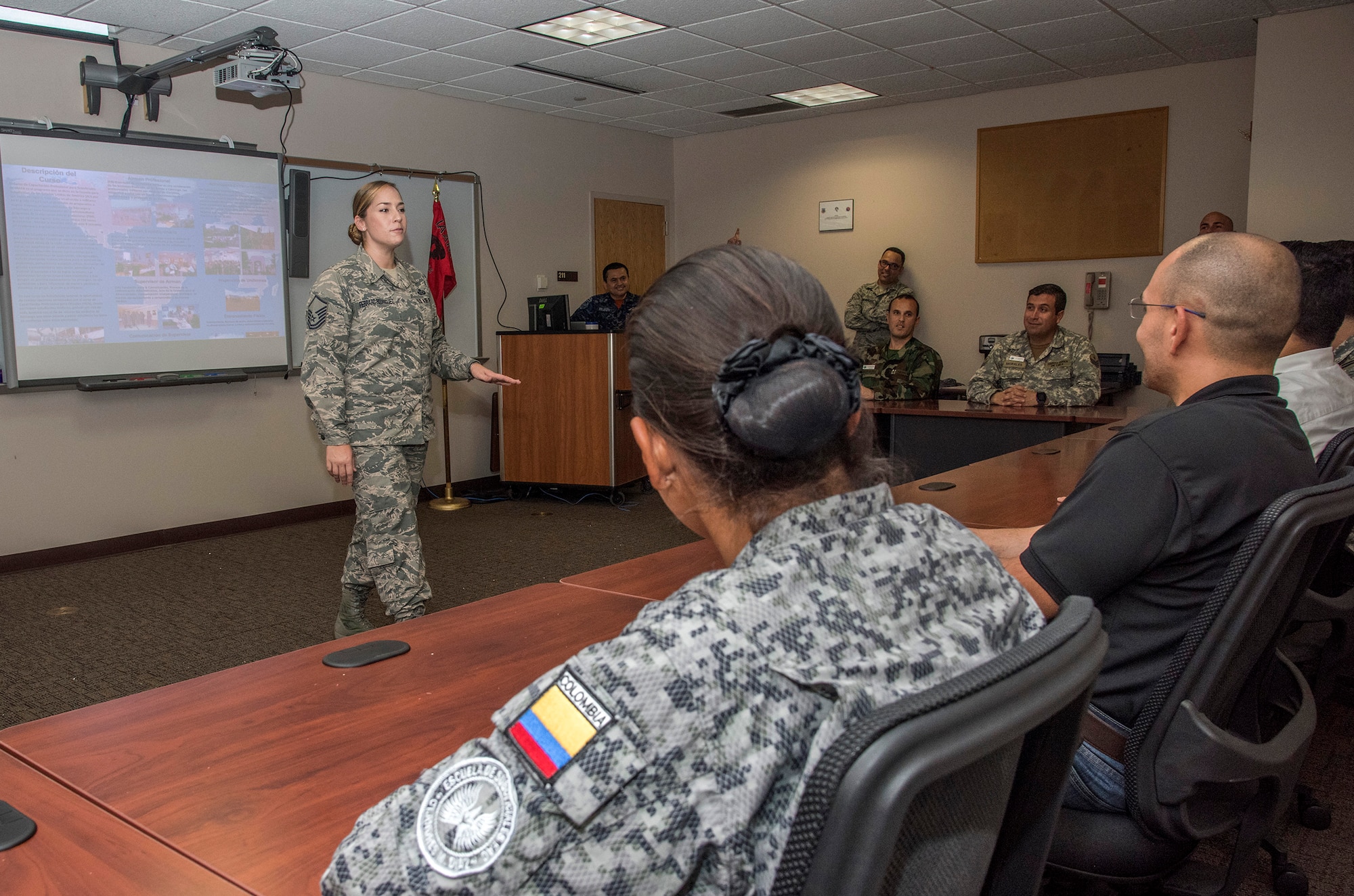 Master Sgt. Amy Ferraro-Rodriguez, 837th Training Squadron instructor, provides professional military education training to international and civil service students during an International Airman Leadership School course Oct. 13, 2017 at Joint Base San Antonio-Lackland Inter-American Air Forces Academy. The IALS teaches the same course imparted to military personnel in the grade of senior airman and staff sergeant or E-5 equivalent in the United States Air Force Total Force. This course is the foundational step in the professional development as it prepares individuals to assume greater leadership and responsibilities.