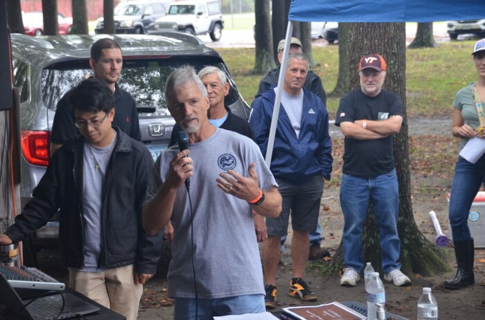 Kip Davis, site director of Naval Surface Warfare Center, Carderock Division's Combatant Craft Division (CCD), speaks to employees who attended CCD's 50th anniversary celebration picnic Oct. 14, 2017, at Joint Expeditionary Base Little Creek-Fort Story in Norfolk. (U.S. Navy photo by Kelley Stirling/Released)