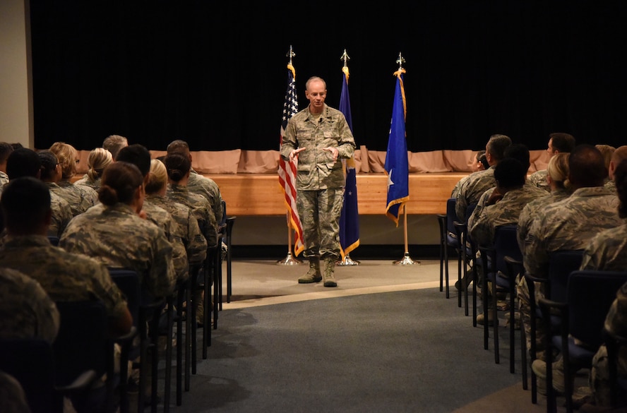 Lt. Gen. Mark Ediger, Air Force Surgeon General, delivers remarks during an all-call at the 81st Medical Center’s Don Wiley Auditorium Oct. 17, 2017, on Keesler Air Force Base, Mississippi. The purpose of Ediger’s visit was to get familiar with the 81st Medical Group’s mission, operations and personnel. During his tour, he visited more than 10 different units in the 81st MDG to include mammography, emergency department, radiology and oncology, genetics and the clinical research lab. (U.S. Air Force photo by Kemberly Groue)