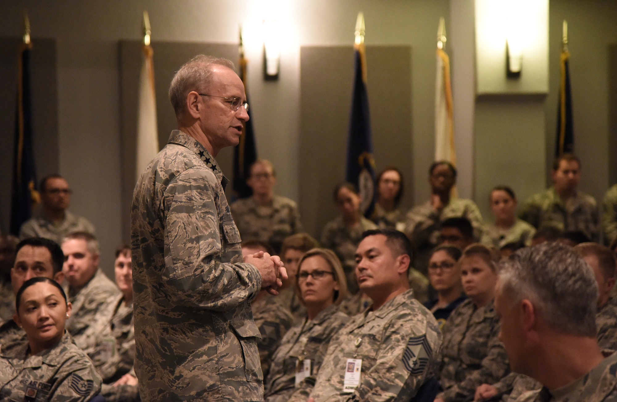 Lt. Gen. Mark Ediger, Air Force Surgeon General, delivers remarks during an all-call at the 81st Medical Center’s Don Wiley Auditorium Oct. 17, 2017, on Keesler Air Force Base, Mississippi. The purpose of Ediger’s visit was to get familiar with the 81st Medical Group’s mission, operations and personnel. During his tour, he visited more than 10 different units in the 81st MDG to include mammography, emergency department, radiology and oncology, genetics and the clinical research lab. (U.S. Air Force photo by Kemberly Groue)