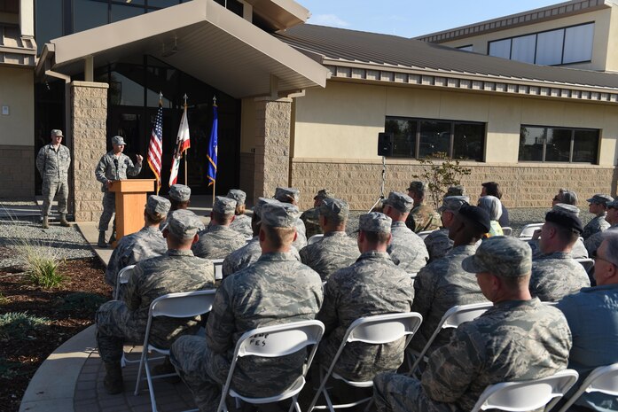 Col. Larry Broadwell, 9th Reconnaissance Wing commander, gives closing remarks during a ceremony to commemorate the grand opening of the 9th Civil Engineer Squadron's new building at Beale Air Force Base, California, Oct. 17, 2017. The new facility replaces their last location that was destroyed in a structure fire early 2013. (U.S. Air Force photo/Senior Airmen Justin Parsons)