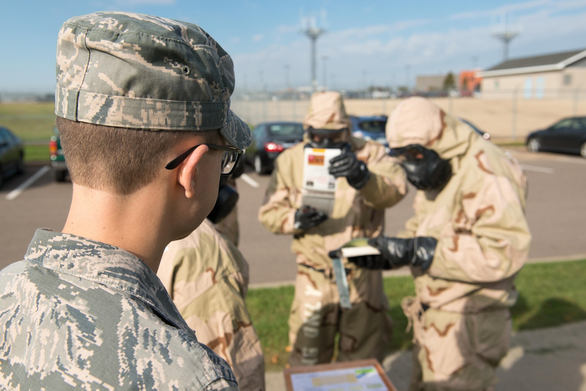 Staff Sgt. Jacob Wiemiller, a member of the 934th AW Emergency Management shop, looks on during a PAR exercise Oct. 14. The Emergency Management shop was responsible for overseeing the event. (U.S. Air Force photo by Tech Sgt. Trevor Saylor)