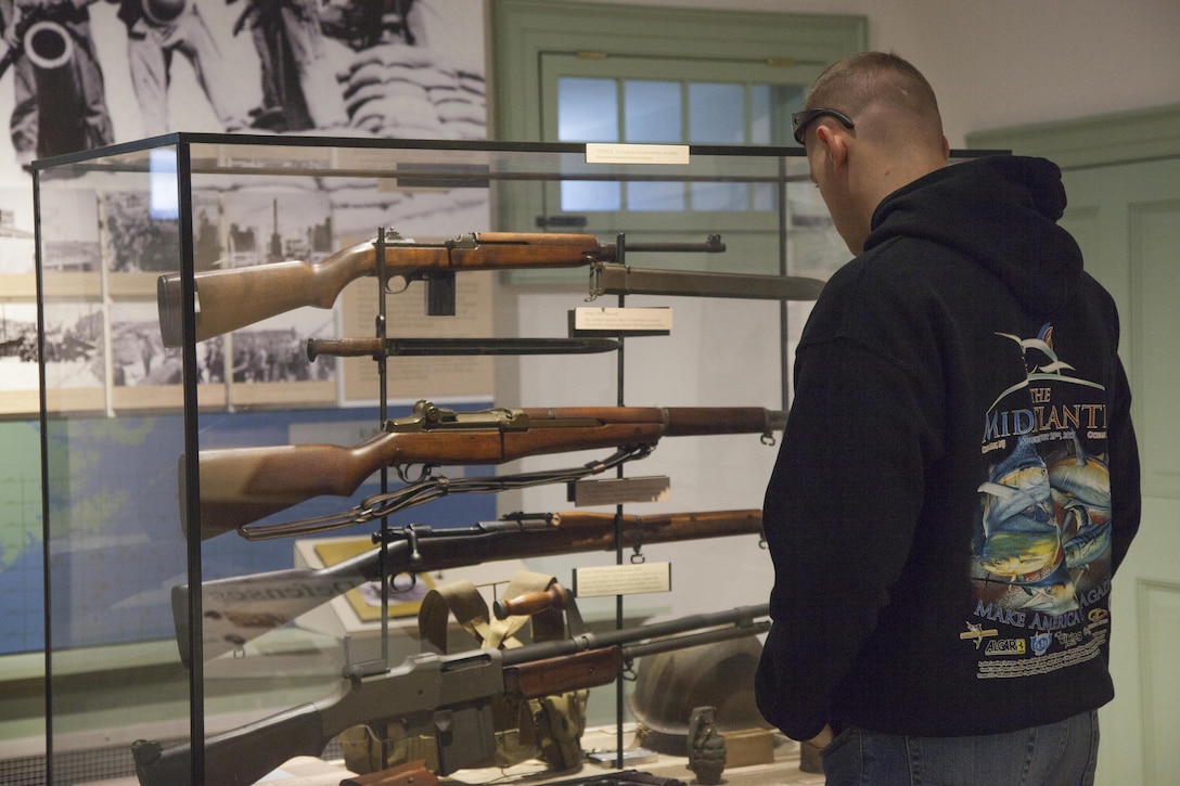 A Marine in U.S. Marine Corps Forces, Special Operations Command’s Lance Corporal Leadership and Ethics Seminar views historical weapon displays during a tour at Fort Macon State Park, N.C., Oct. 18, 2017.  The Marines learned about local history and warfare tactics that they will later evaluate in their advanced military education seminars. The focus of the Lance Corporal Seminar is to enhance small unit leadership, educate junior leaders on Marine Corps doctrine and principles and sustain the transformation of all Marines that begins in bootcamp. The course covers Marine Corps values and ethics, foundations of leadership, personal conduct and a holistic approach to fitness. (U.S. Marine Corps photo by Cpl. Bryann K. Whitley, released)