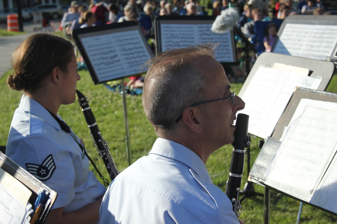Members of the Air National Guard Band of the Northeast performed a concert in Hudson Ohio on 25 June 2017. This was one of the band's concerts on our 2017 Summer Music Concert Series titled "Celebrating Great American Cities". Pictured are members of Staff Sergeant Alison Long and Master Sergeant Andrew Callo. (U.S. Air Force Photo/Technical Sgt. Dawn Hoffman)