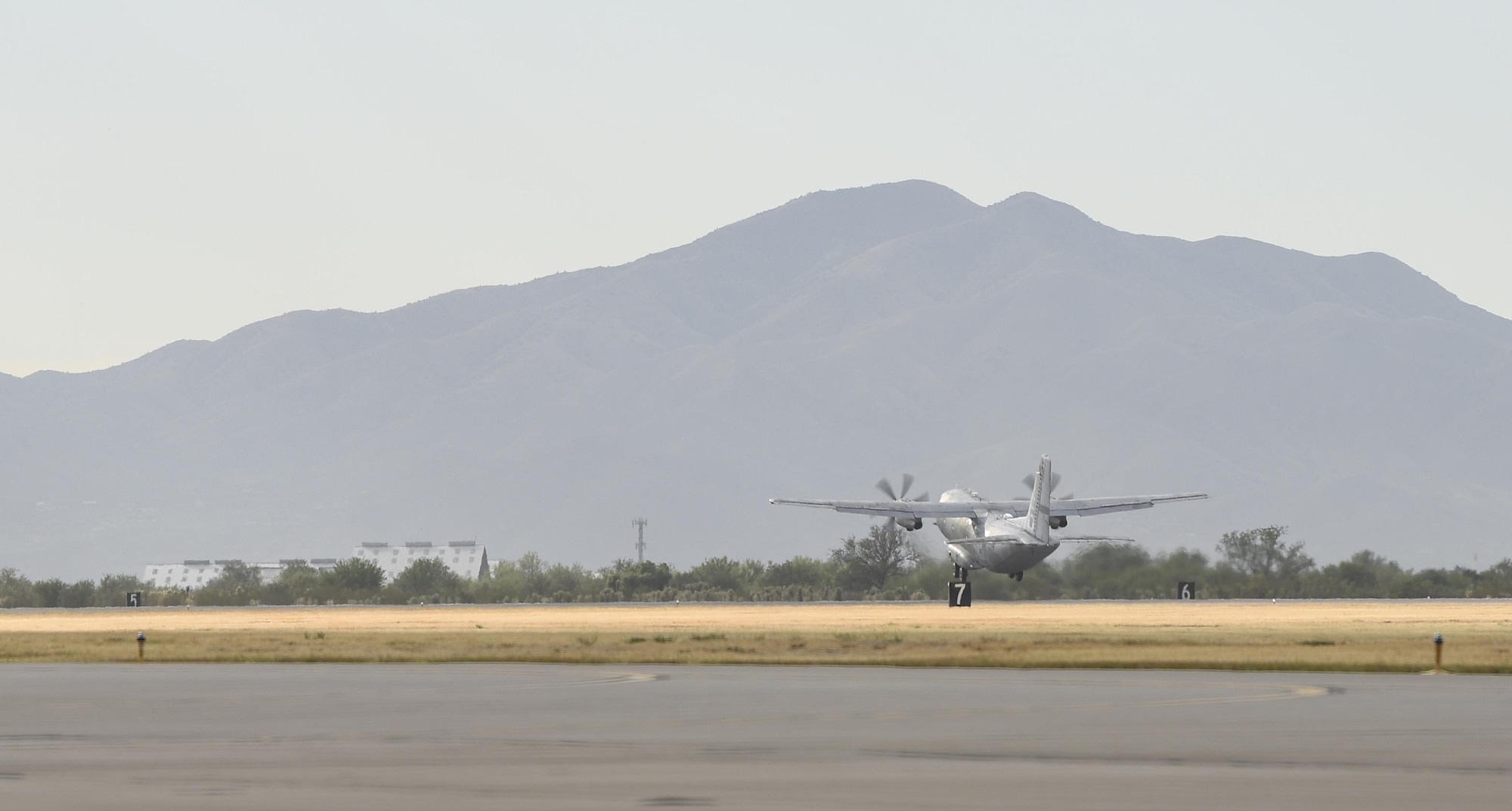 A C-27J Spartan departs from Davis-Monthan Air Force Base, Oct. 19, 2017. This aircraft was the last of 13 C-27Js which were regenerated from the 309th Aerospace Maintenance and Regeneration Group at D-M and given to the U.S. Coast Guard. (U.S. Air Force photo by Airman 1st Class Frankie D. Moore)