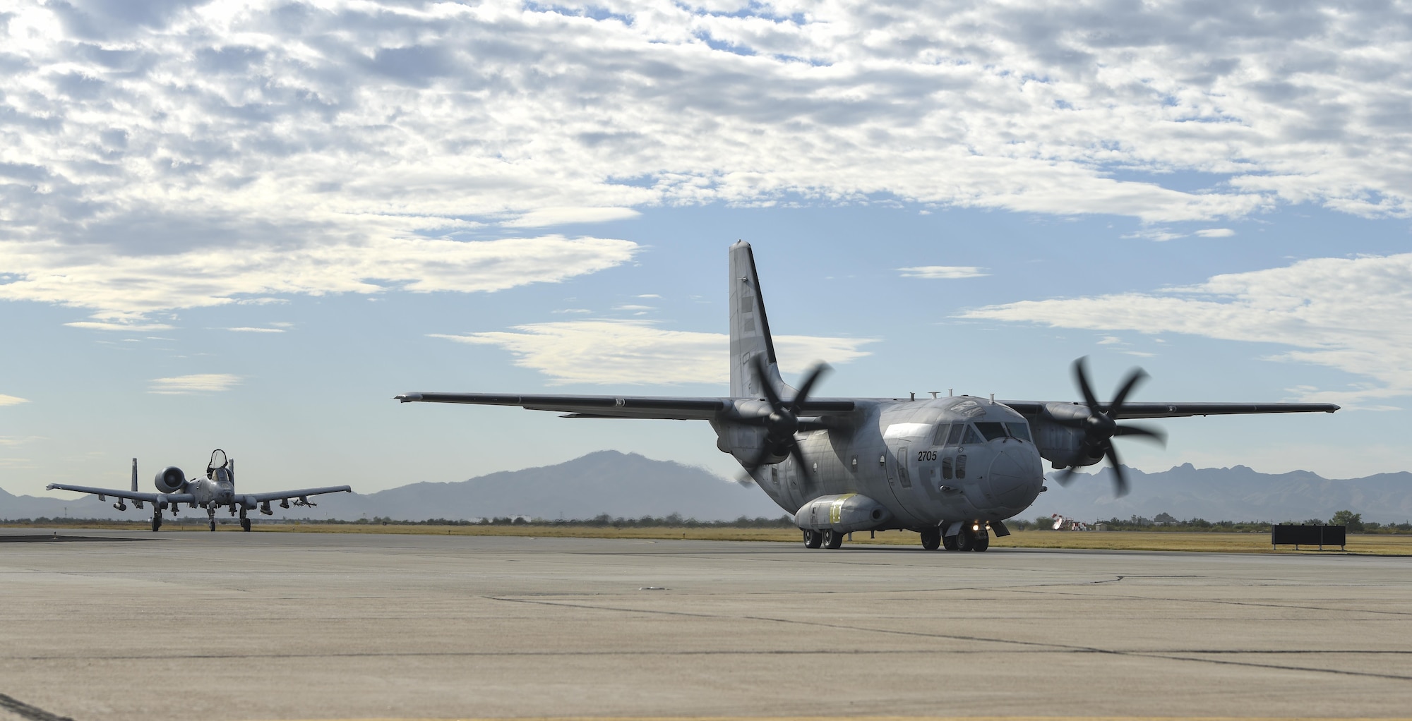 A C-27J Spartan prepares to depart from Davis-Monthan Air Force Base, Oct. 19, 2017. This aircraft was the last of 13 C-27Js which were regenerated from the 309th Aerospace Maintenance and Regeneration Group at D-M and given to the U.S. Coast Guard. (U.S. Air Force photo by Airman 1st Class Frankie D. Moore)